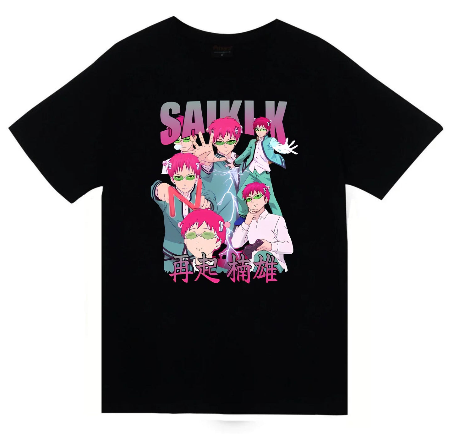 Saiki Kusuo - no Ψ Nan - Anime Baskılı Unisex %100 Pamuk Siyah T-shirt