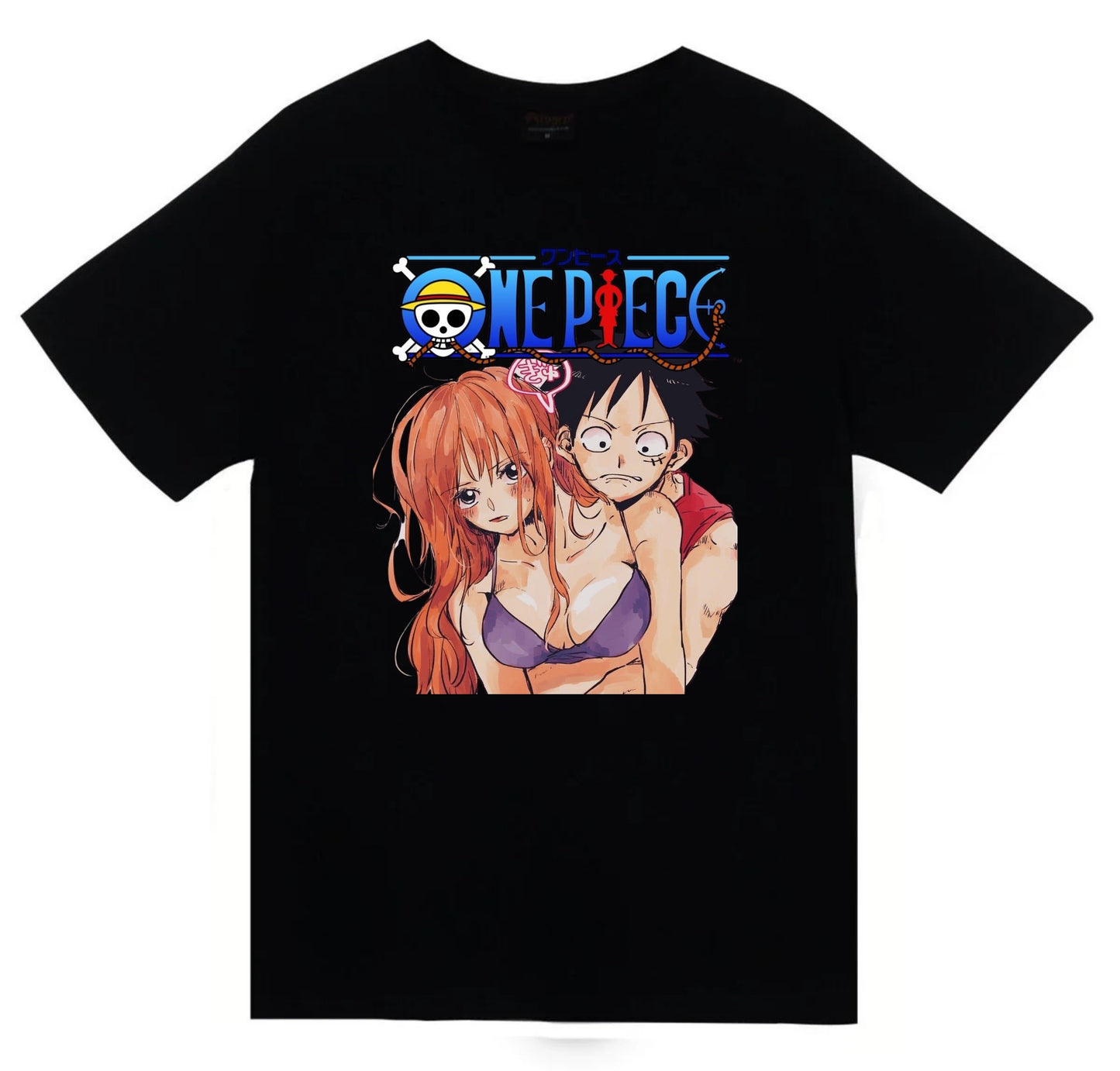 One Piece - Nami - Luffy - Nami x Luffy Baskılı Unisex %100 Pamuk Siyah T-shirt