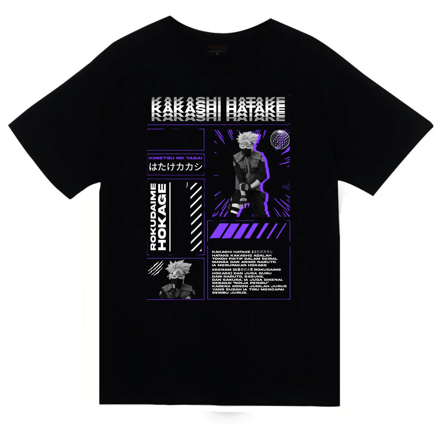 Naruto - Kakashi Hatake - Anime Baskılı Unisex %100 Pamuk Siyah T-shirt