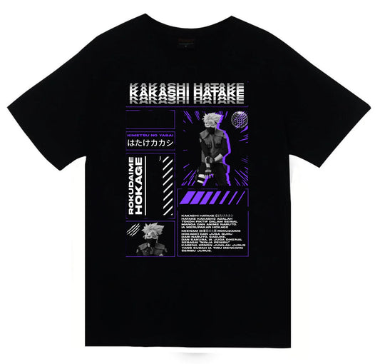 Naruto - Kakashi Hatake - Anime Baskılı Unisex %100 Pamuk Siyah T-shirt