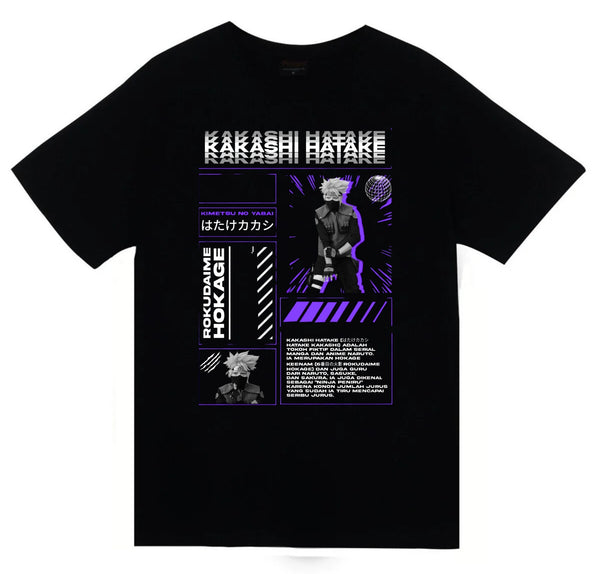 Naruto - Kakashi Hatake teknik kart/bio baskılı siyah tişört