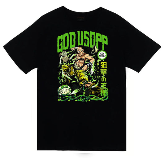 One Piece - Usopp - Anime Baskılı Unisex %100 Pamuk Siyah T-shirt