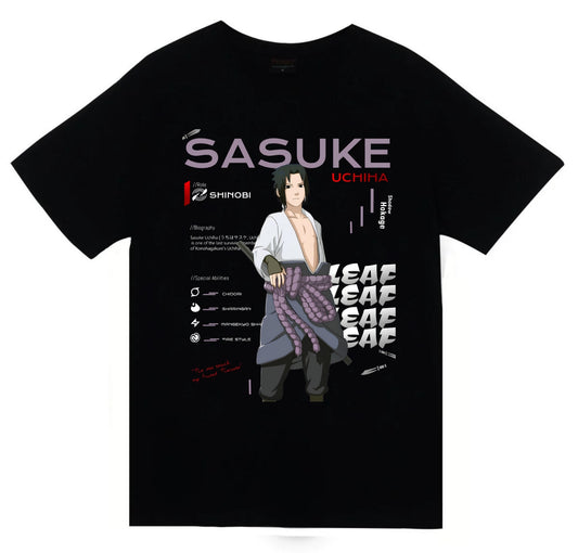 Naruto - Sasuke Uchiha - Anime Baskılı Unisex %100 Pamuk Siyah T-shirt