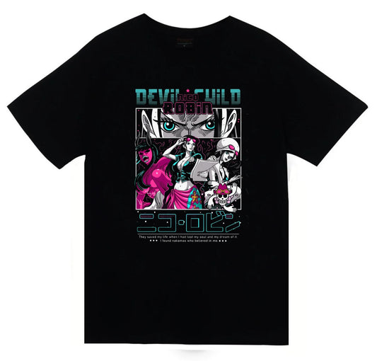 One Piece - Nico Robin - Devild Child - Anime Baskılı Unisex %100 Pamuk Siyah T-shirt