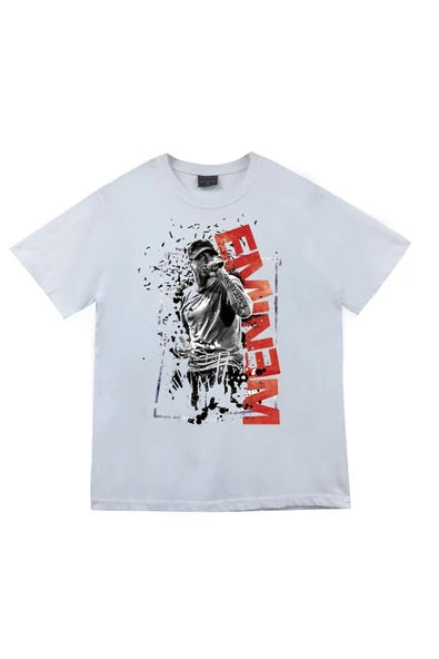 Eminem Dikey logo tipografisi baskılı beyaz tişört