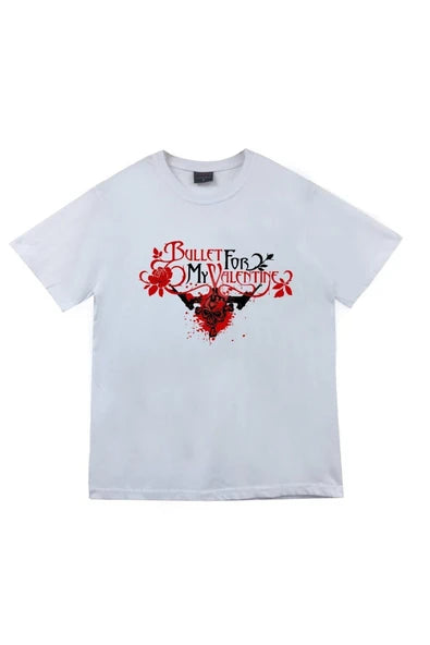 fame-stoned Bullet For My Valentine Baskılı Unisex %100 Pamuk Beyaz T-shirt