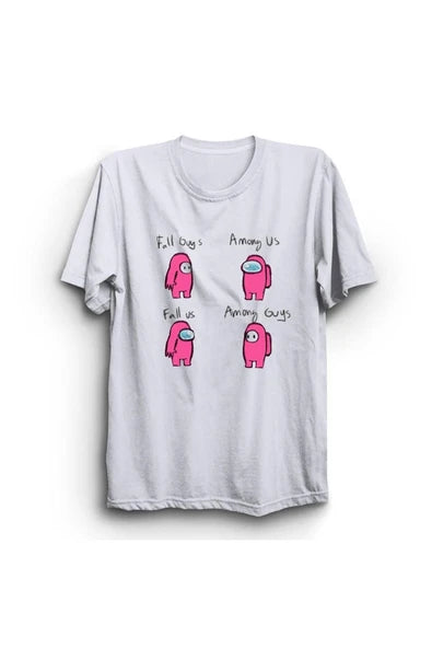 fame-stoned  Fall Guys, Among Us, Oyun Baskılı Unisex %100 Pamuk Beyaz T-shirt