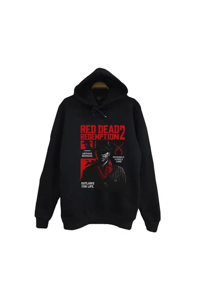 fame-stoned Red Dead Redemption 2 - Oyun Baskılı Unisex %100 Pamuk Kapüşonlu Siyah Sweatshirt