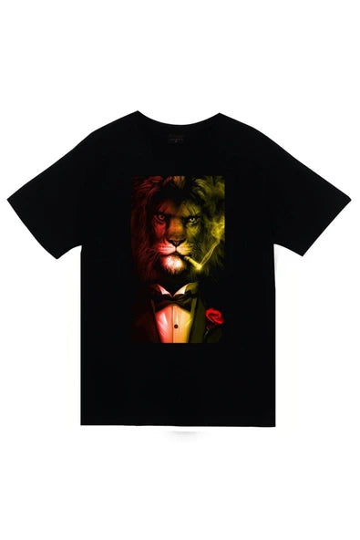fame-stoned  Unisex Siyah Aslan Smokin Baskılı T-shirt