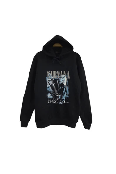 Nirvana - Kurt Cobain Logosu ve baskılı siyah kapüşonlu sweatshirt