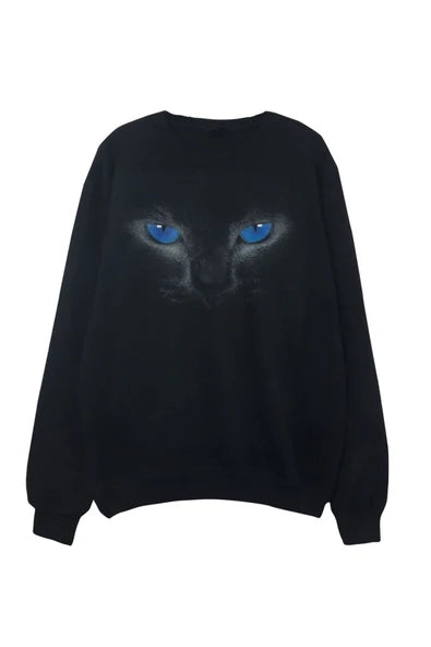 Kedi baskılı siyah sweatshirt