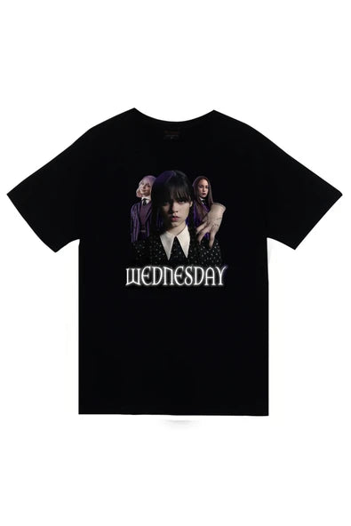 fame-stoned Wednesday Dizi Baskılı Unisex %100 Pamuk Siyah T-shirt