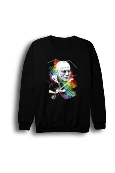 Pink Floyd Renkli David Gilmour portresi baskılı siyah sweatshirt