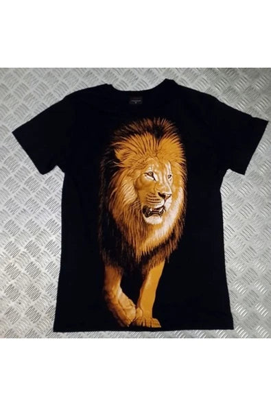fame-stoned  Aslan Baskılı Unisex %100 Pamuk Siyah T-shirt
