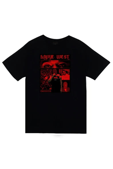 Kanye West Kırmızı tonlu poster kolajı baskılı siyah tişört