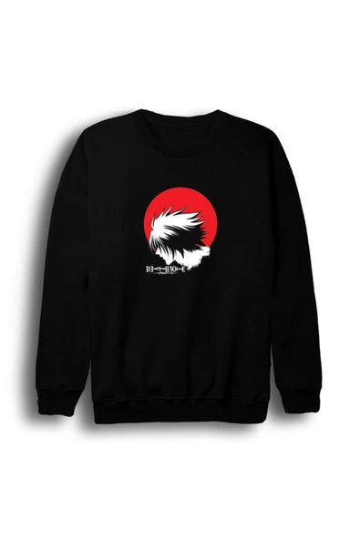 fame-stoned Death Note Anime Baskılı Unisex %100 Pamuk Bisiklet Yaka Siyah Sweatshirt