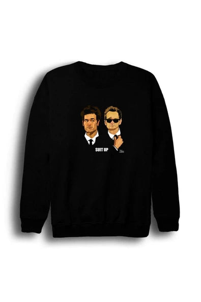 How I Met Your Mother Takım elbiseli iki karakter baskılı siyah sweatshirt
