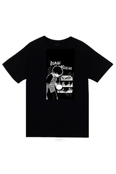 fame-stoned  Blue Lock İsagi Yoichi Anime Baskılı Unisex %100 Pamuk Siyah T-shirt