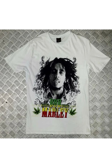 fame-stoned  Bob Marley Baskılı Unisex %100 Pamuk Beyaz T-shirt