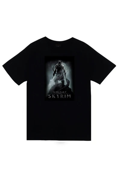 fame-stoned  Skyrim Oyun Baskılı Unisex %100 Pamuk Siyah T-shirt