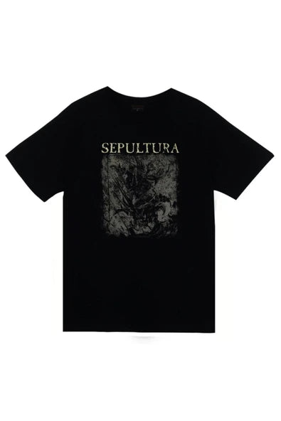 Sepultura Logosu ve gri tonlu baskılı siyah tişört