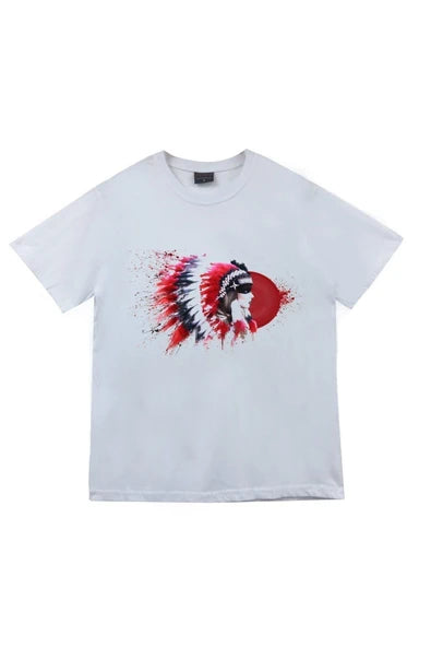 fame-stoned  Kızılderili Baskılı Unisex %100 Pamuk Beyaz T-shirt