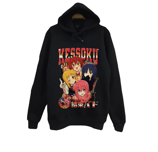Bocchi The Rock - Kessoku Band - Anime Baskılı Unisex %100 Pamuk Siyah Kapüşonlu Sweatshirt