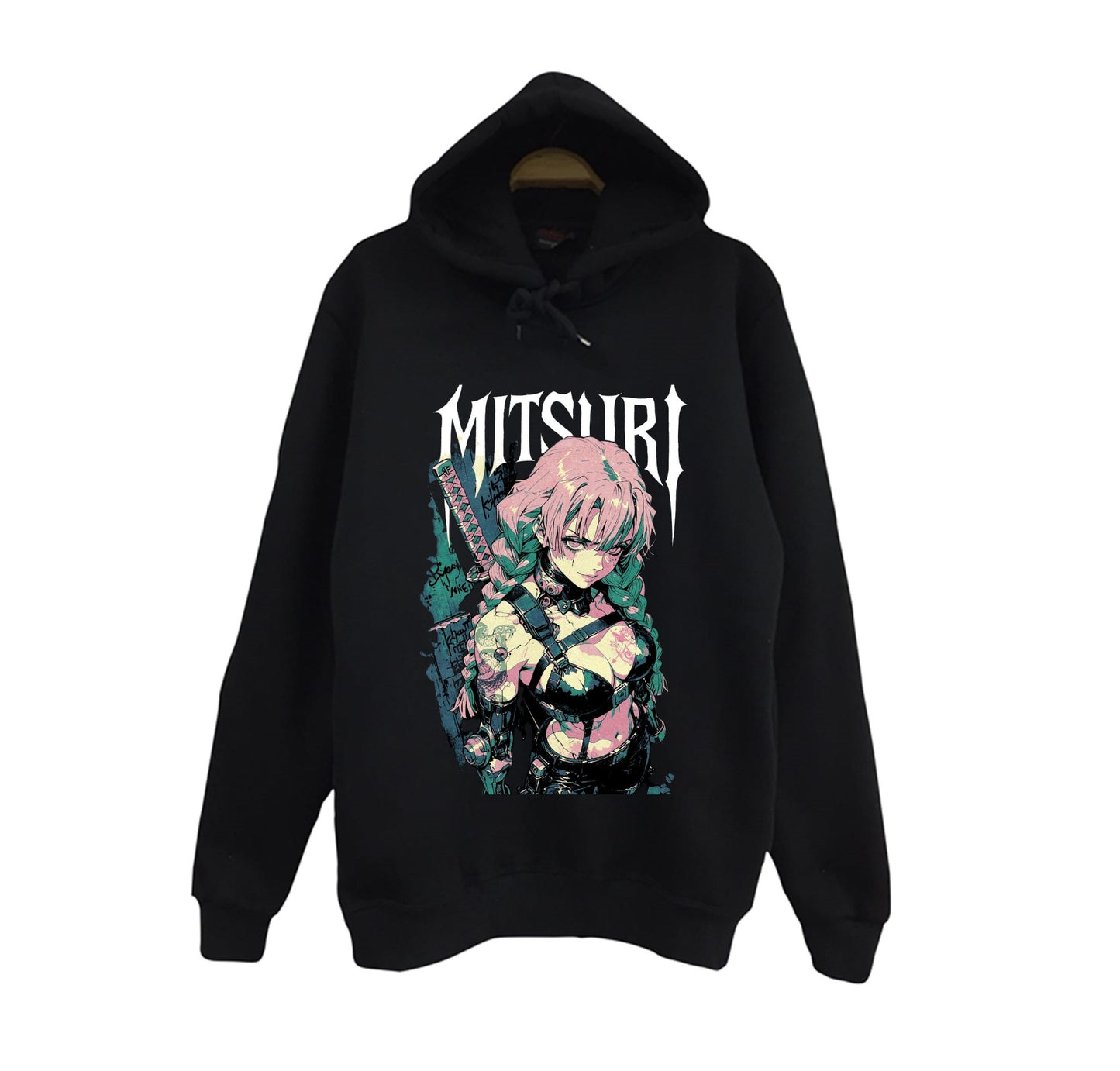 Demon Slayer - Mitsuri Kanroji - Anime Baskılı Unisex %100 Pamuk Siyah Kapüşonlu Sweatshirt