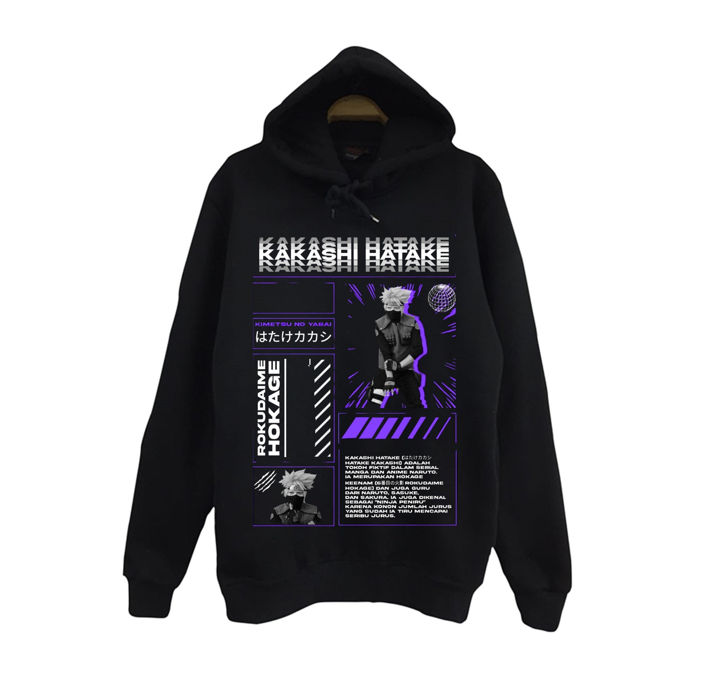 Naruto - Kakashi Hatake - Anime Baskılı Unisex %100 Pamuk Siyah Kapüşonlu Sweatshirt