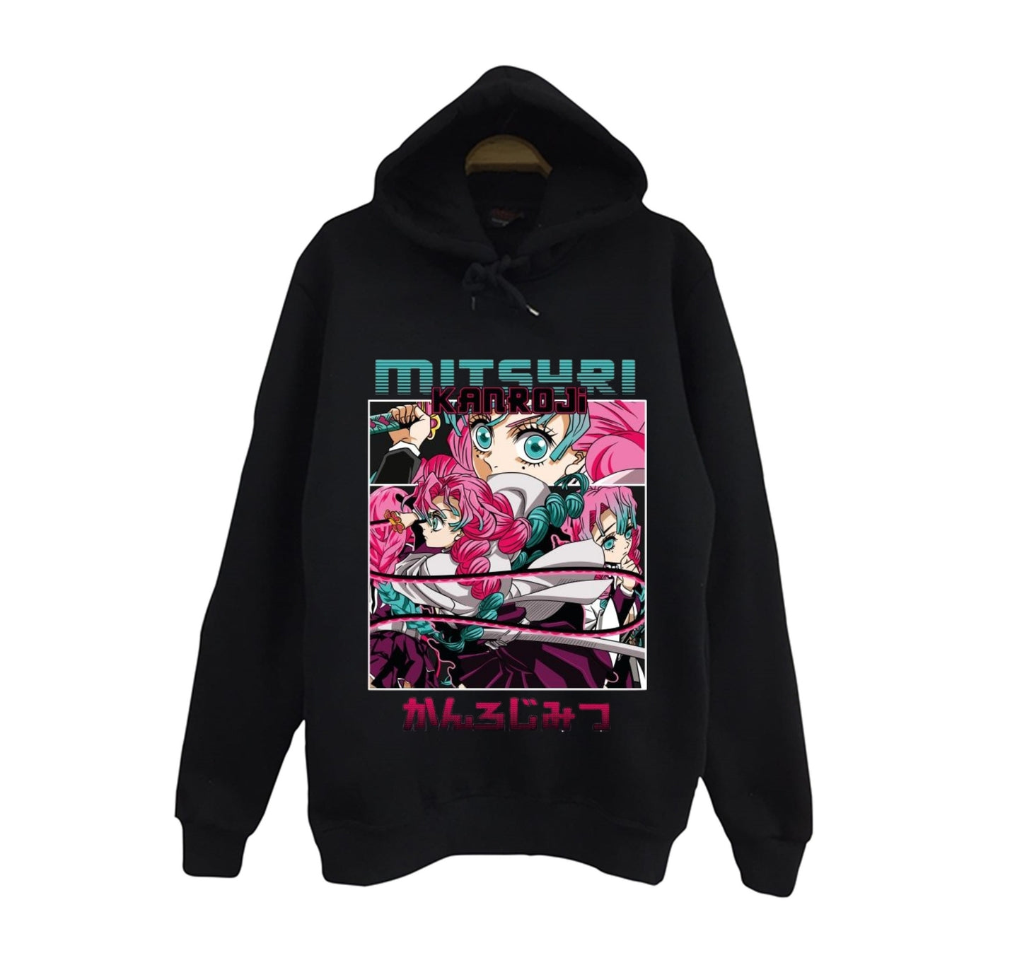 Demon Slayer - Mitsuri Kanroji - Anime Baskılı Unisex %100 Pamuk Siyah Kapüşonlu Sweatshirt