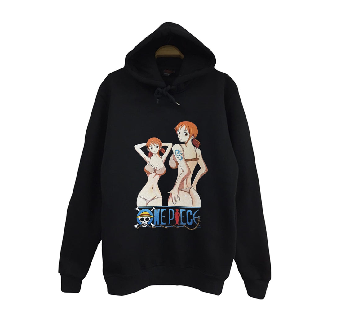 One Piece - Nami iki poz bikinili baskılı siyah kapüşonlu sweatshirt