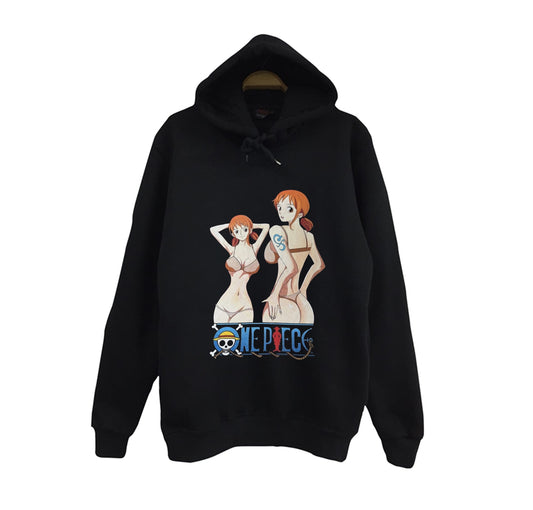 One Piece - Nami - Anime Baskılı Unisex %100 Pamuk Siyah Kapüşonlu Sweatshirt