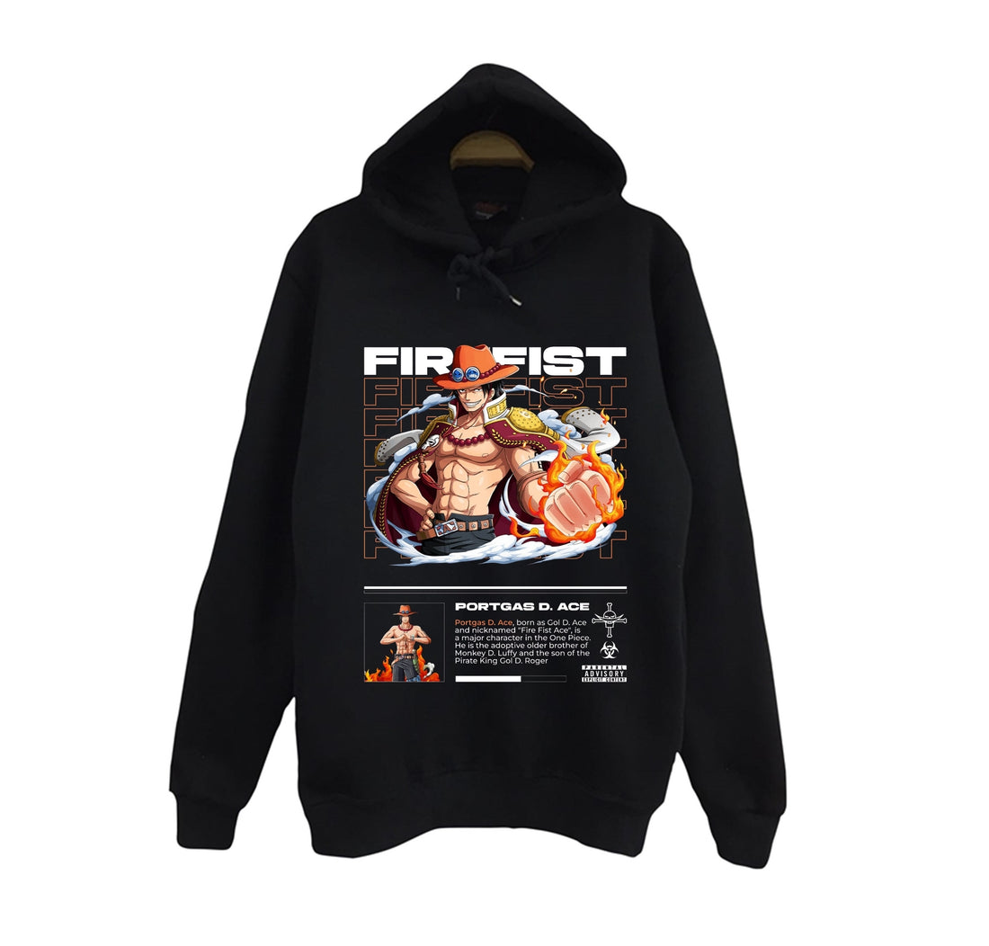 One Piece - Portgas D. Ace Fire baskılı siyah kapüşonlu sweatshirt