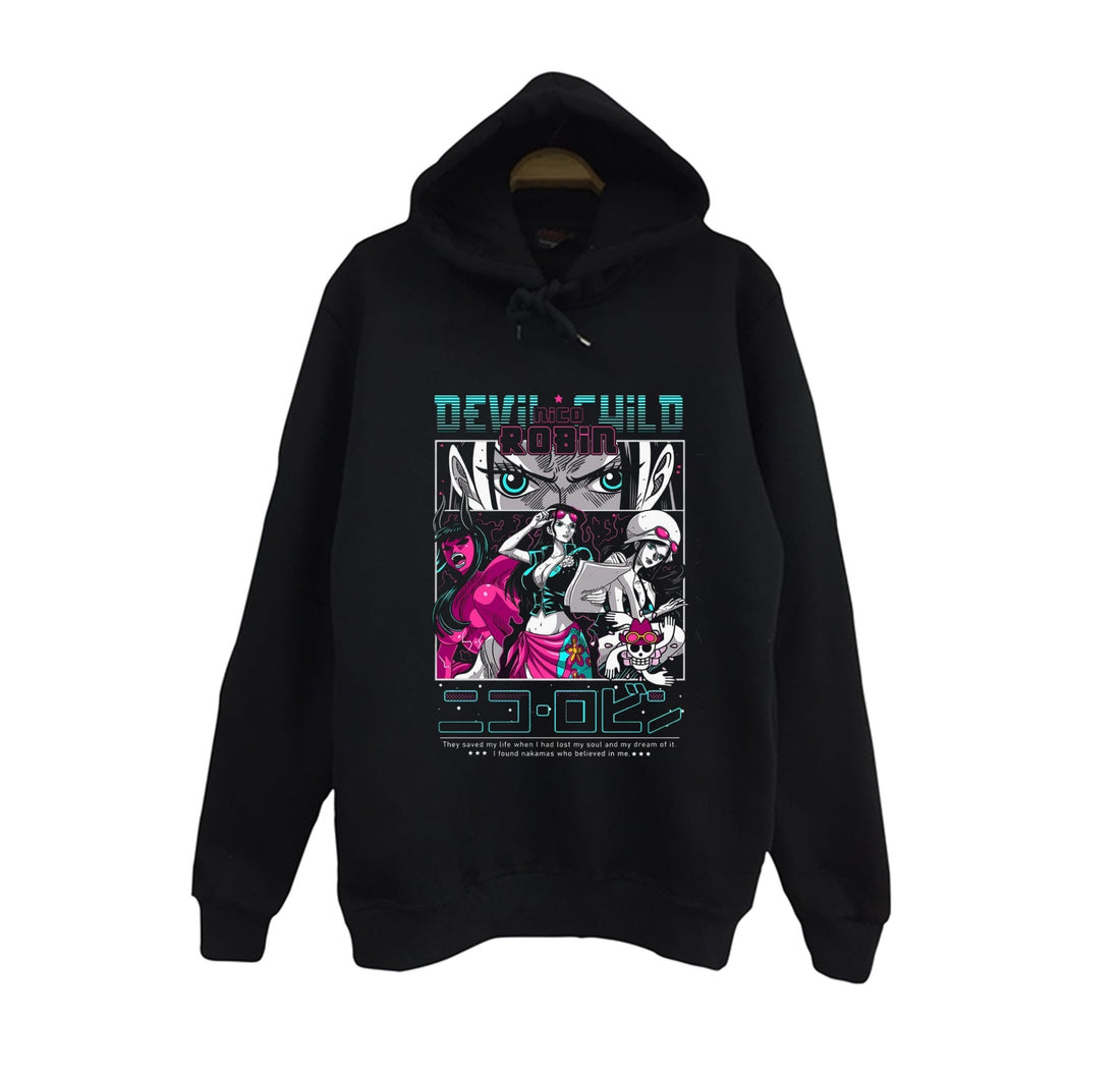 One Piece - Nico Robin - Devild Child baskılı siyah kapüşonlu sweatshirt
