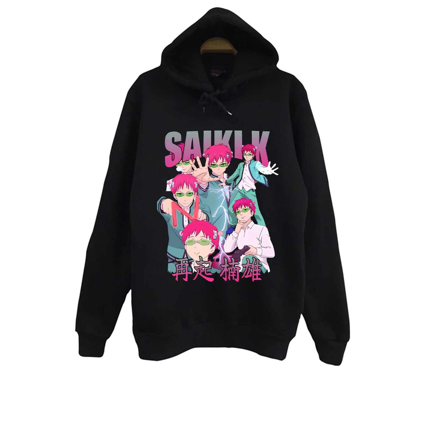 Saiki Kusuo - no Ψ Nan - Anime Baskılı Unisex %100 Pamuk Siyah Kapüşonlu Sweatshirt