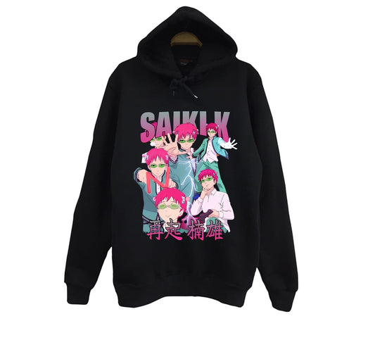 Saiki Kusuo - no Ψ Nan - Anime Baskılı Unisex %100 Pamuk Siyah Kapüşonlu Sweatshirt