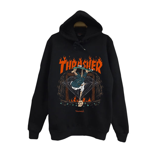 Thrasher - Kaykay Baskılı Unisex %100 Pamuk Siyah Kapüşonlu Sweatshirt