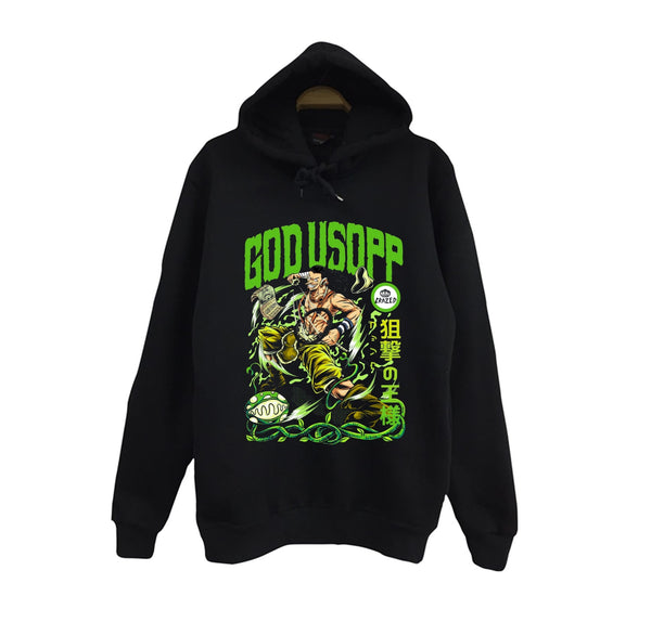 One Piece - Usopp God yeşil neon baskılı siyah kapüşonlu sweatshirt