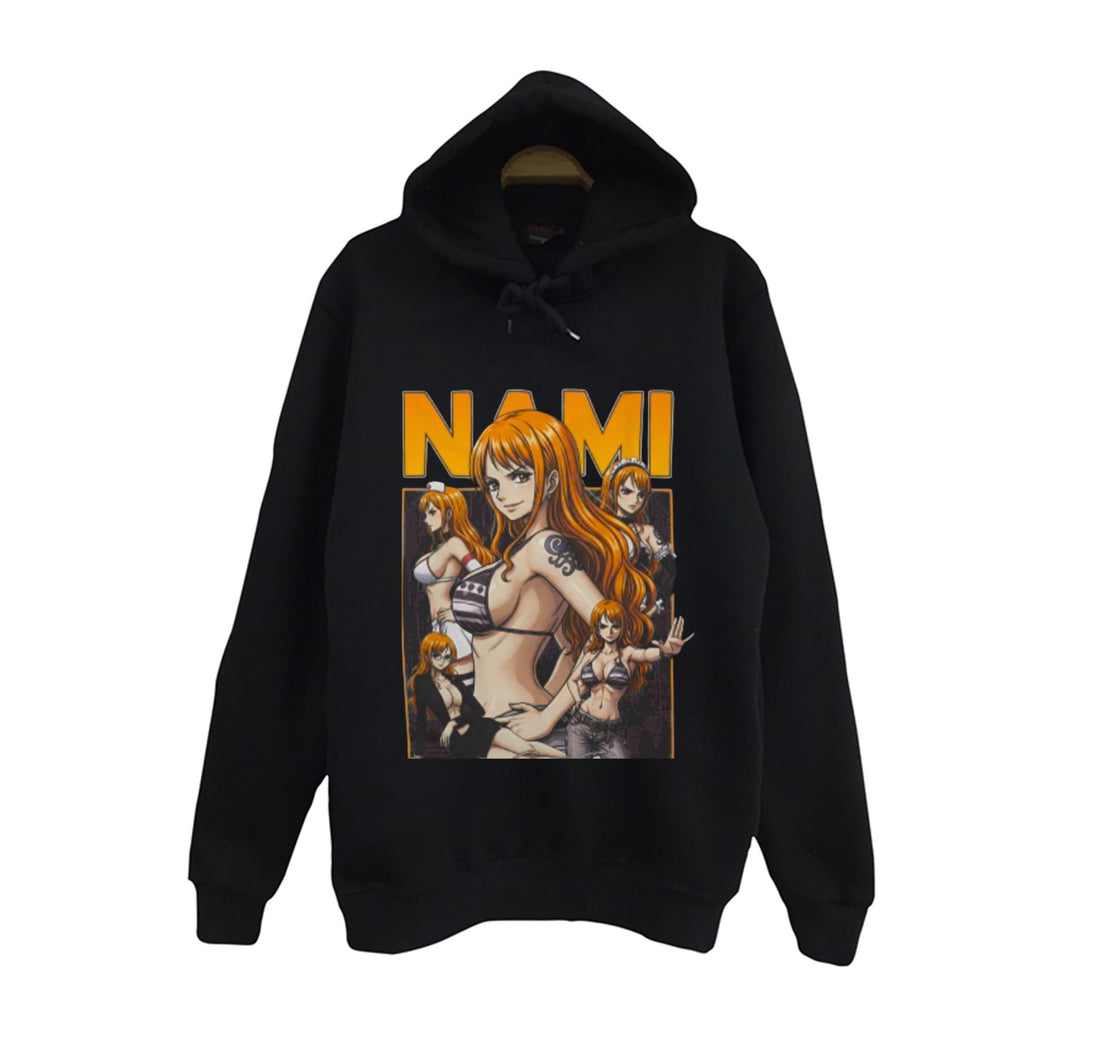 One Piece - Nami vintage poster kolajı baskılı siyah kapüşonlu sweatshirt