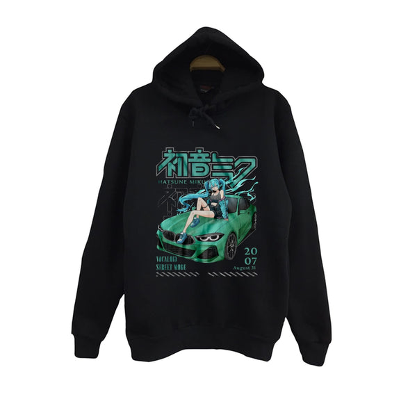 Hatsune Miku Anime Yeşil spor otomobil üstünde baskılı siyah kapüşonlu sweatshirt