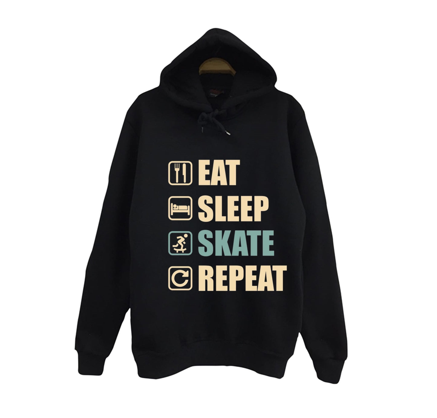 Eat Sleep Skate Repeat - Kaykay Baskılı Unisex %100 Pamuk Siyah Kapüşonlu Sweatshirt