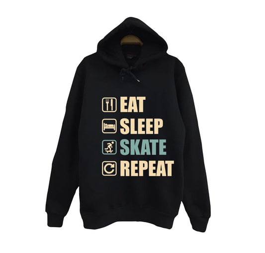 Eat Sleep Skate Repeat - Kaykay Baskılı Unisex %100 Pamuk Siyah Kapüşonlu Sweatshirt