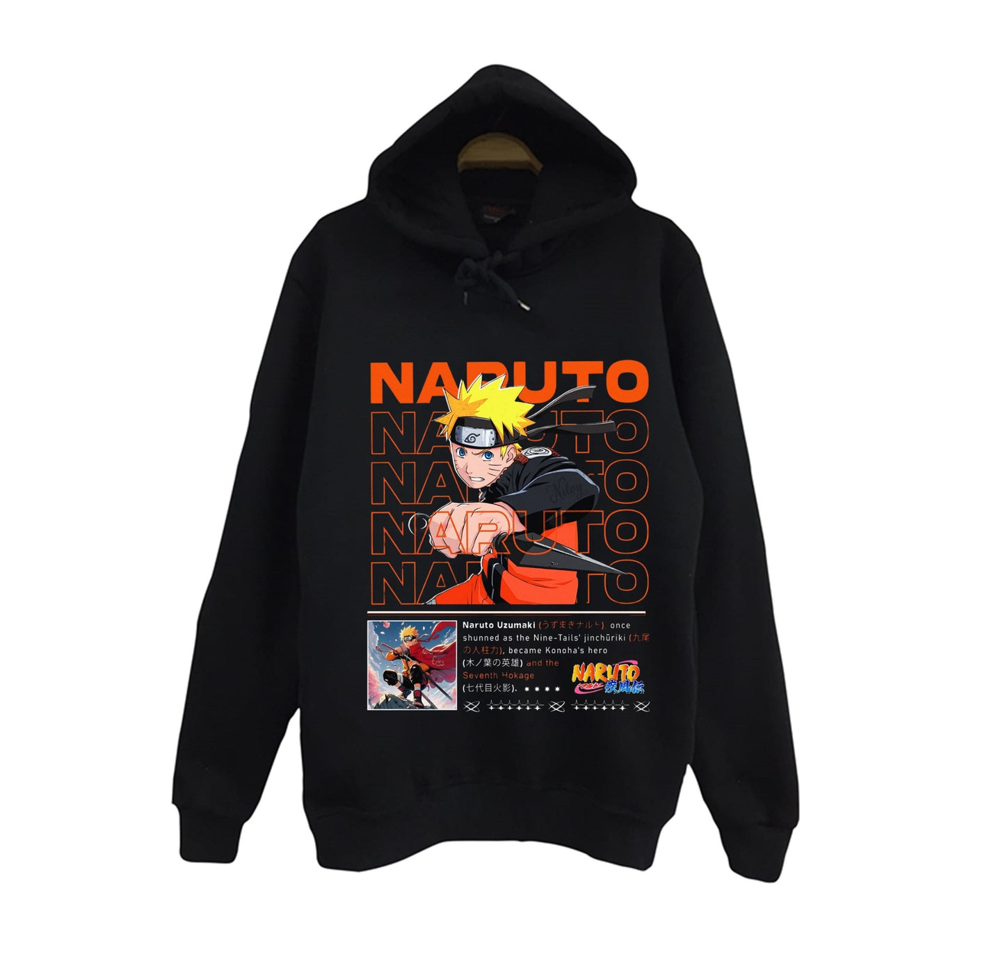 Naruto - Naruto Uzumaki - Anime Baskılı Unisex %100 Pamuk Siyah Kapüşonlu Sweatshirt
