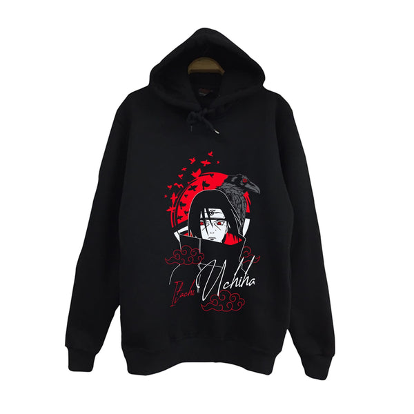 Naruto - Itachi Uchiha karga baskılı siyah kapüşonlu sweatshirt