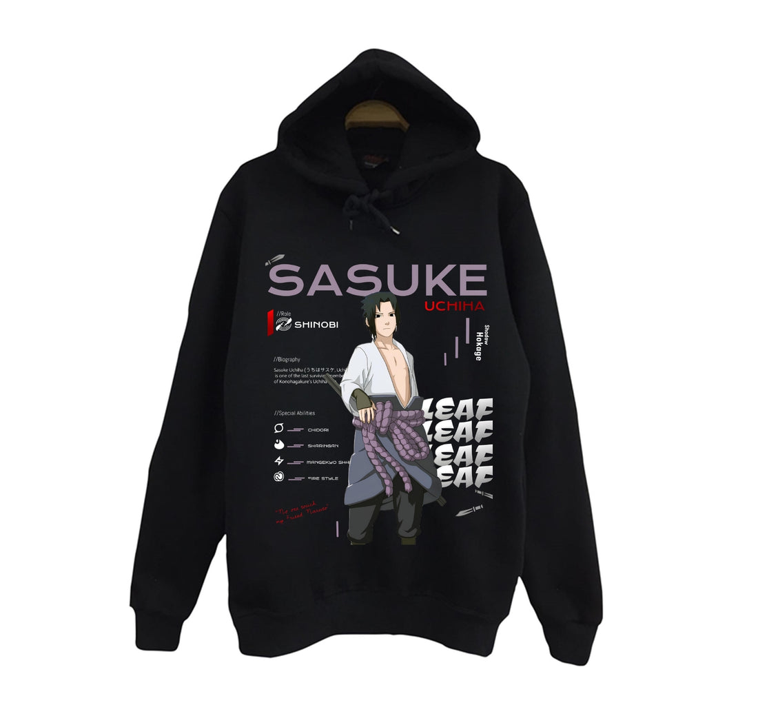 Naruto - Sasuke Uchiha shinobi baskılı siyah kapüşonlu sweatshirt