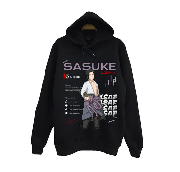 Naruto - Sasuke Uchiha shinobi baskılı siyah kapüşonlu sweatshirt