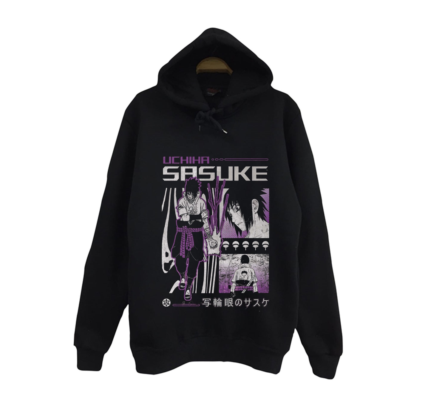Naruto - Sasuke Uchiha - Anime Baskılı Unisex %100 Pamuk Siyah Kapüşonlu Sweatshirt