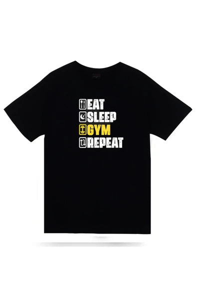 fame-stoned  Eat Sleep Gym Repeat, Training, Body Building %100 Pamuk Unisex Siyah T-shirt