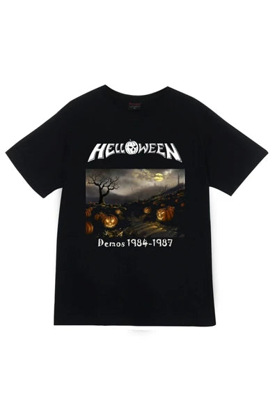 Helloween Demos 1984-1987' balkabaklı manzara baskılı siyah tişört