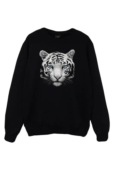 Kaplan Beyaz başı portresi baskılı siyah sweatshirt